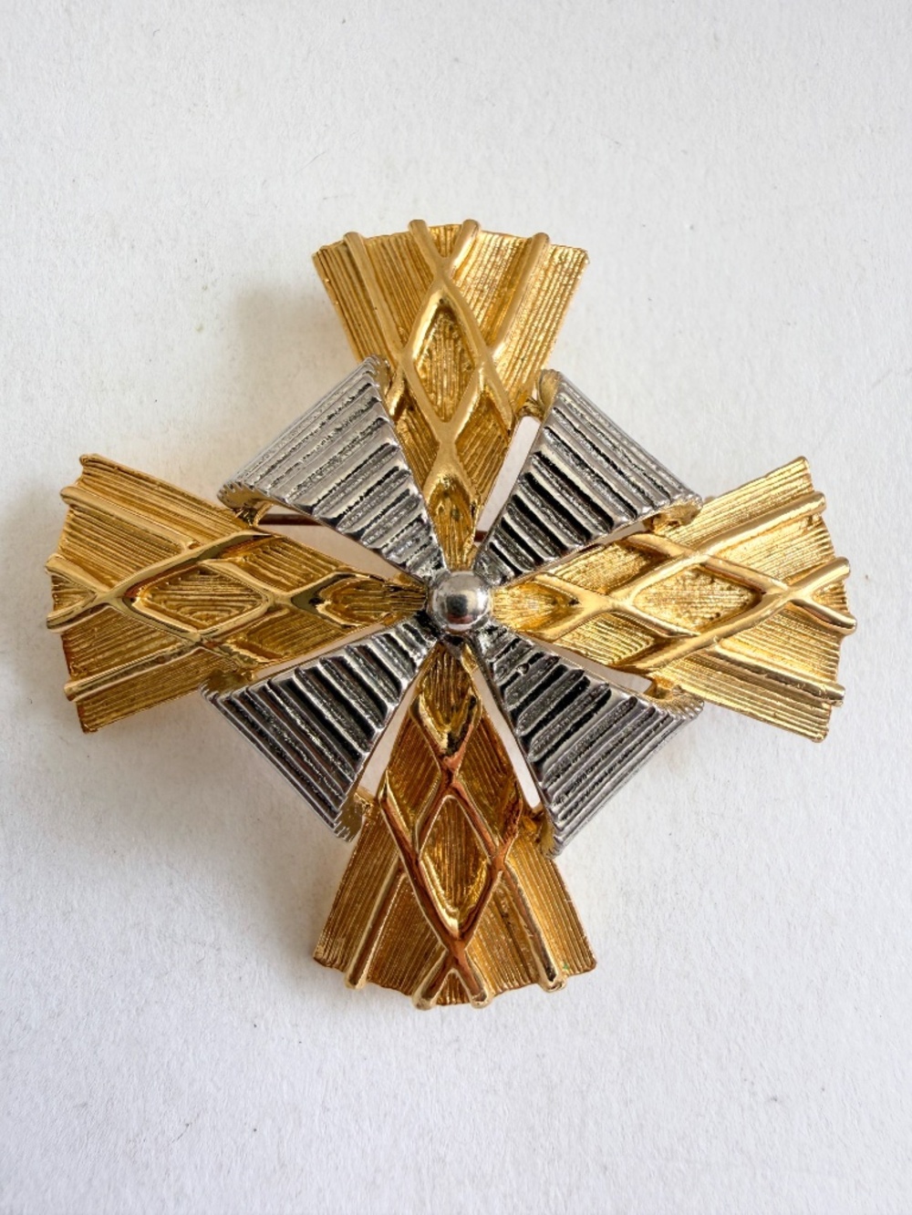 Vintage LISTNER Gold and Silver Maltese Cross Textured Brooch Intricate Design